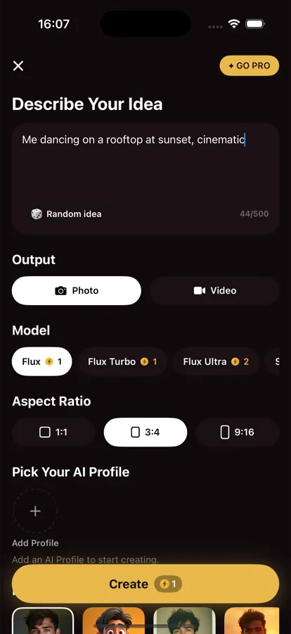 Motionly prompt screen: type anything to create