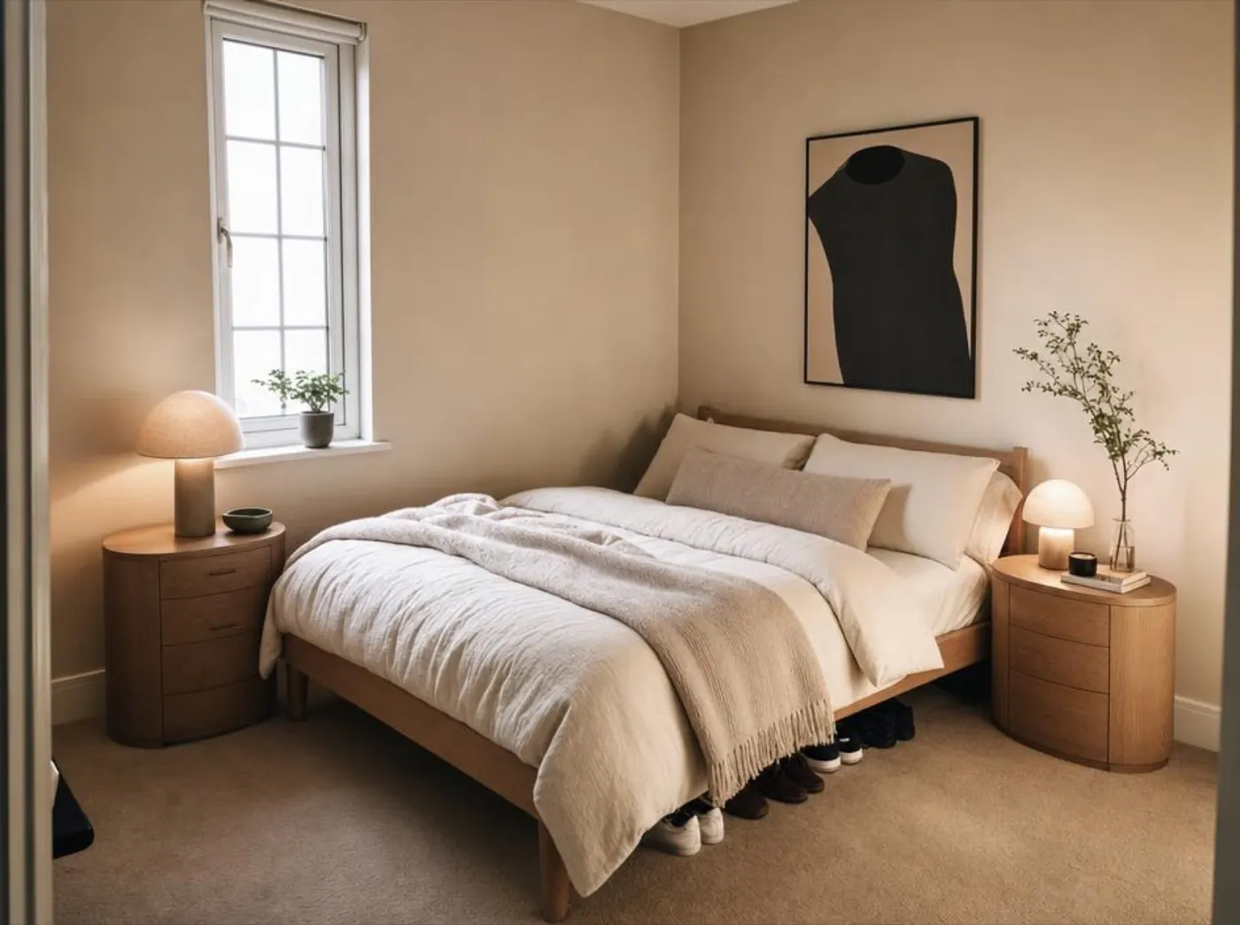 A bedroom designed through chat: layered bedding, warm lamps and framed art