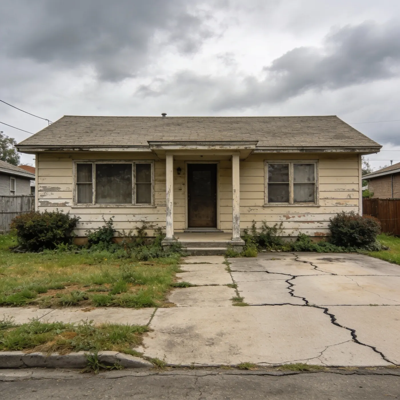 A weathered house with a cracked driveway and overgrown lawn