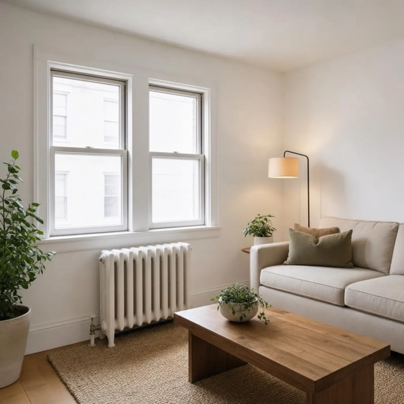 A furnished living room with a sofa, rug, coffee table and plants