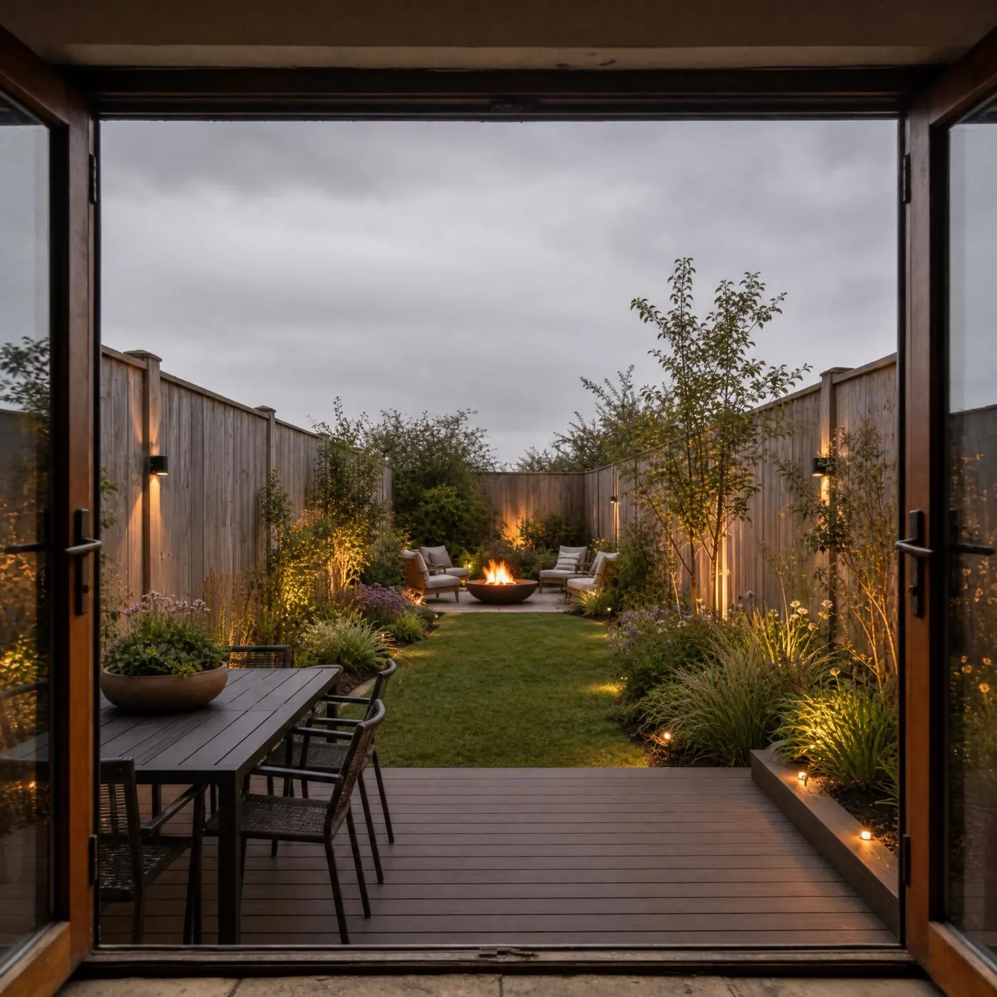A landscaped garden with a deck, dining table, fire pit and planting