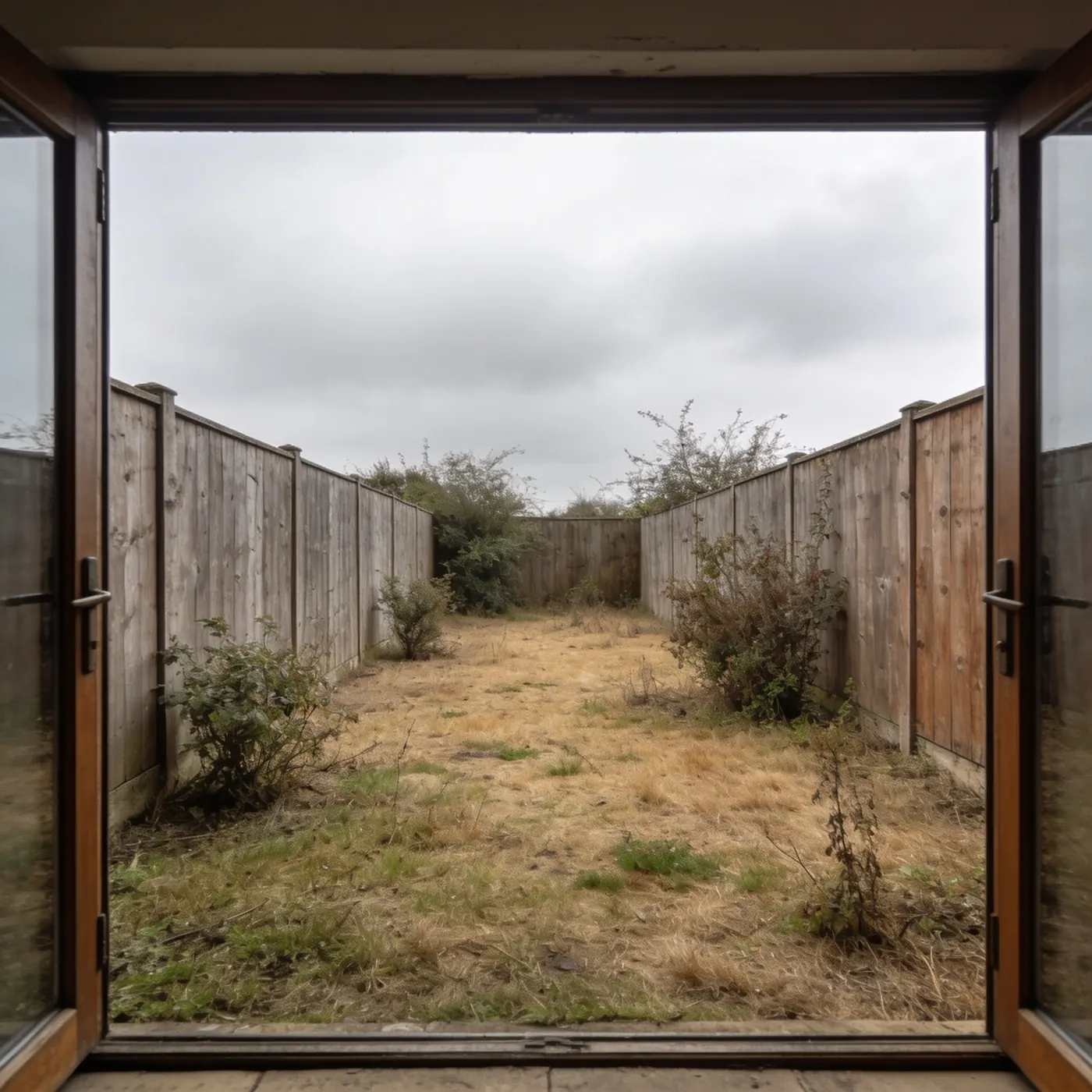 A bare fenced yard with dry grass