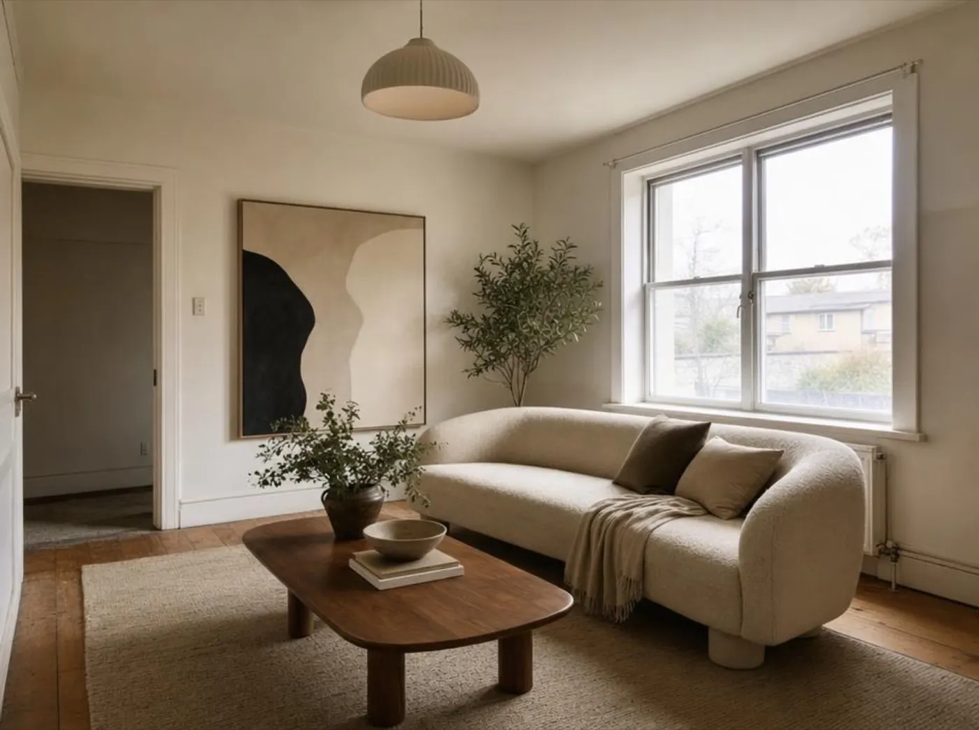 The same living room after a Roomhaus redesign: a cream sofa, wooden coffee table and framed art