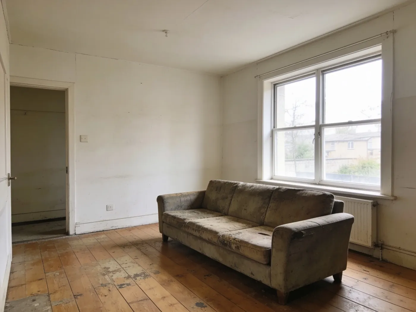 A dated living room before the redesign, with a worn brown sofa and bare walls