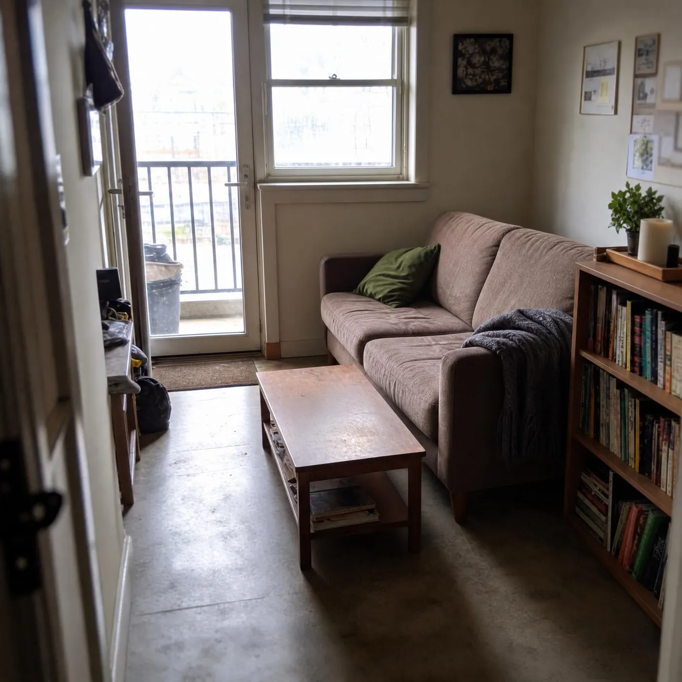 A small living room with the sofa and bookshelf rearranged to open the floor