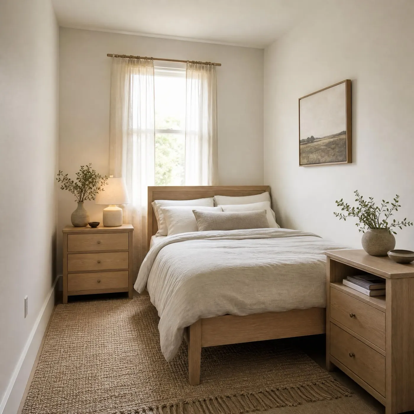 A calm bedroom with linen bedding, light wood and a framed print