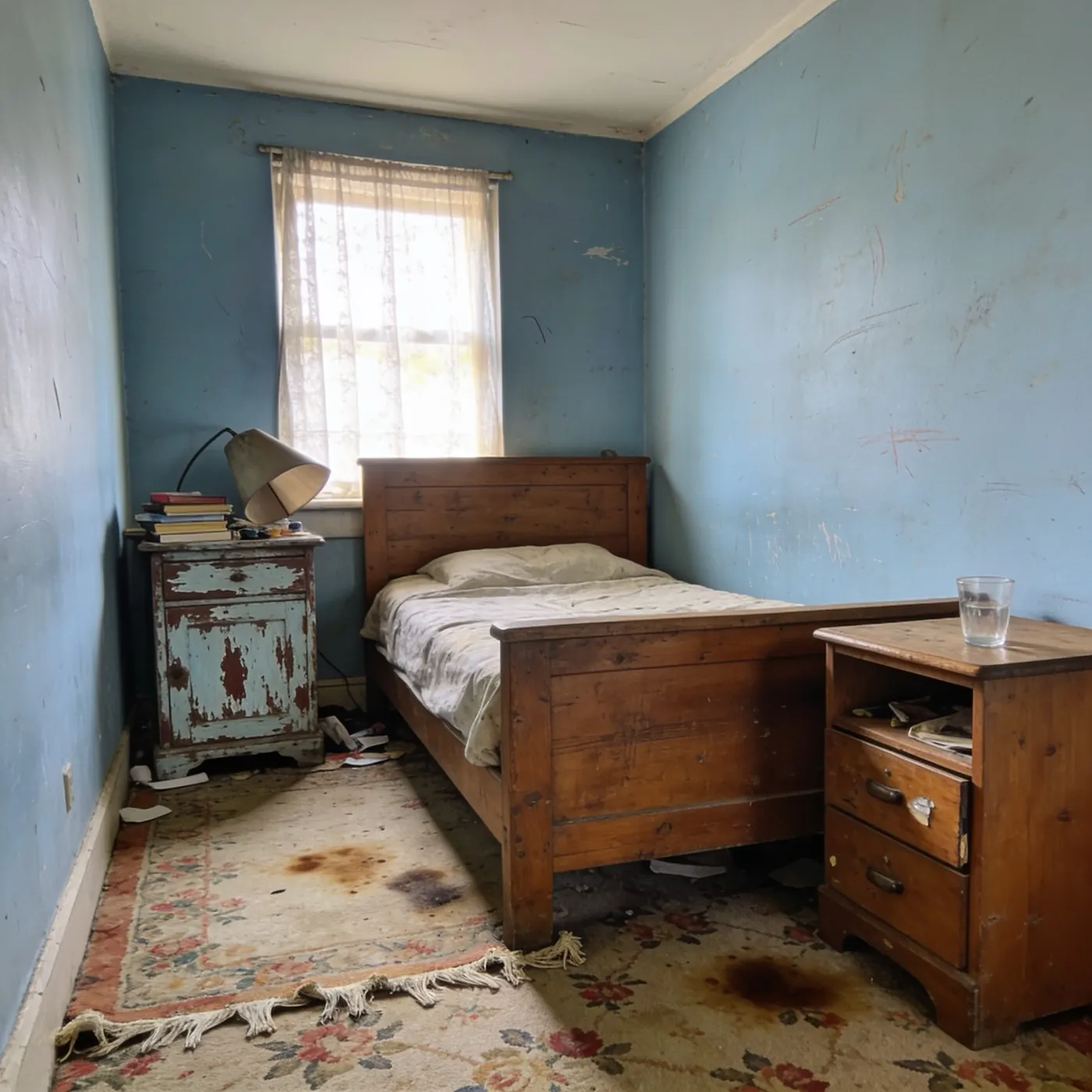 A tired bedroom with peeling blue walls and an old wooden bed